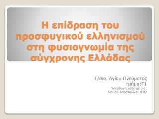 Η επίδραση του
προσφυγικού ελληνισμού
στη φυσιογνωμία της
σύγχρονης Ελλάδας
Γ/σιο Αγίου Πνεύματος
τμήμα:Γ1
Υπεύθυνη καθηγήτρια:
Λιούσα Αποστολίνα ΠΕ02
 