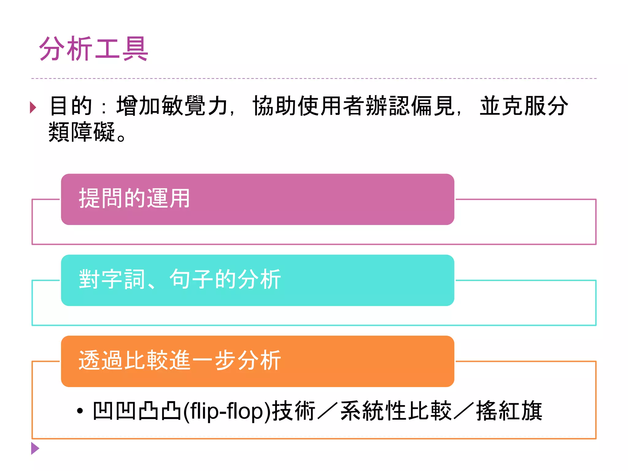 分析工具
 目的：增加敏覺力，協助使用者辦認偏見，並克服分
類障礙。
提問的運用
對字詞、句子的分析
• 凹凹凸凸(flip-flop)技術／系統性比較／搖紅旗
透過比較進一步分析
 