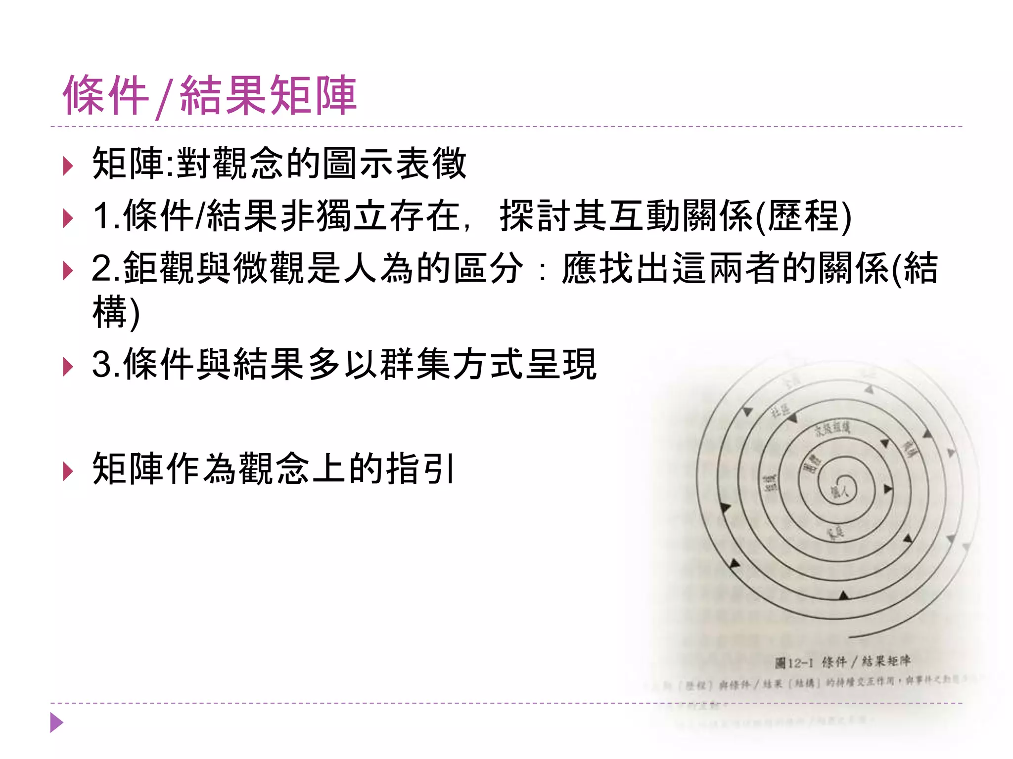 條件/結果矩陣
 矩陣:對觀念的圖示表徵
 1.條件/結果非獨立存在，探討其互動關係(歷程)
 2.鉅觀與微觀是人為的區分：應找出這兩者的關係(結
構)
 3.條件與結果多以群集方式呈現
 矩陣作為觀念上的指引
 