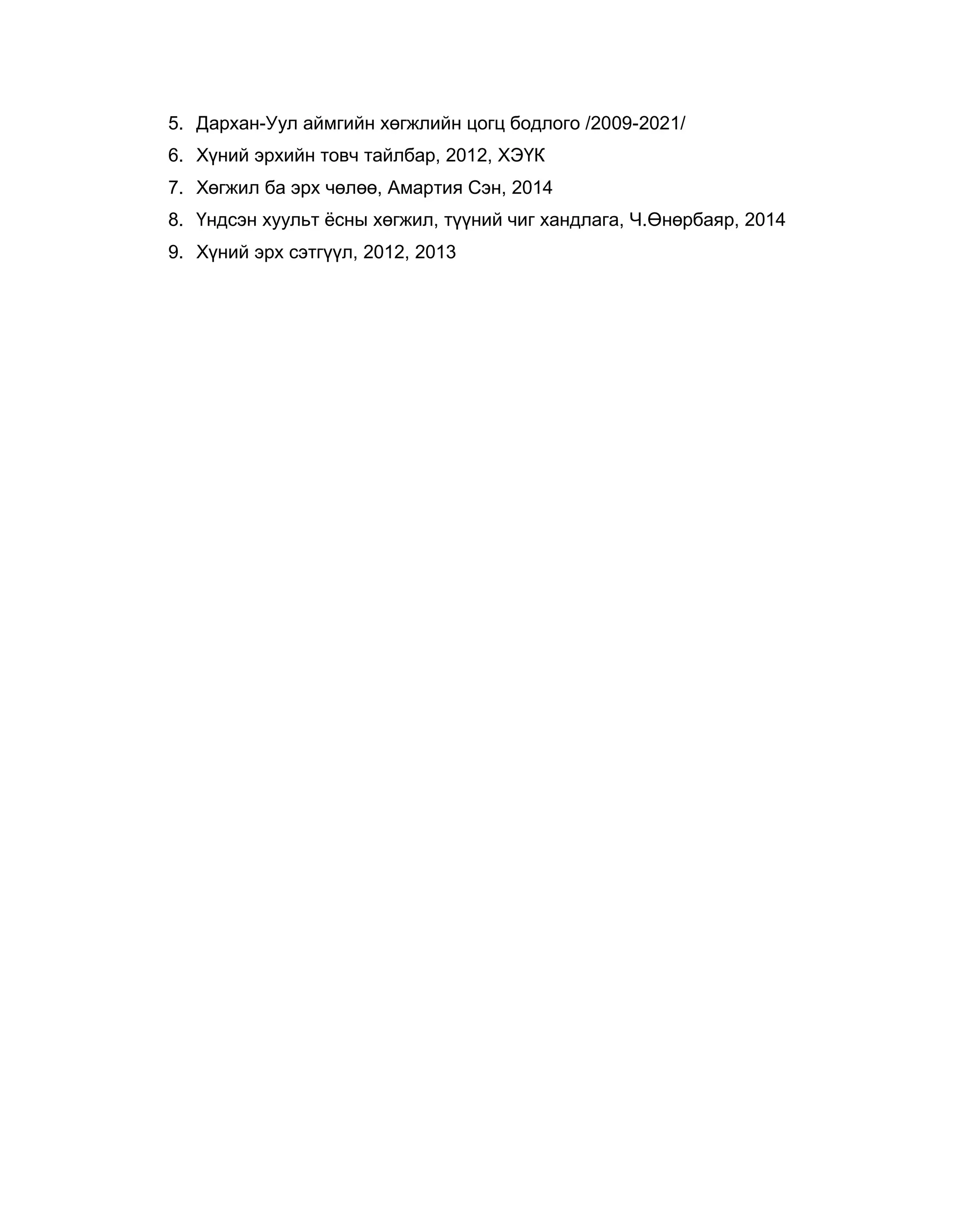 5. Дархан-Уул аймгийн хөгжлийн цогц бодлого /2009-2021/
6. Хүний эрхийн товч тайлбар, 2012, ХЭҮК
7. Хөгжил ба эрх чөлөө, Амартия Сэн, 2014
8. Үндсэн хуульт ѐсны хөгжил, түүний чиг хандлага, Ч.Өнөрбаяр, 2014
9. Хүний эрх сэтгүүл, 2012, 2013
 