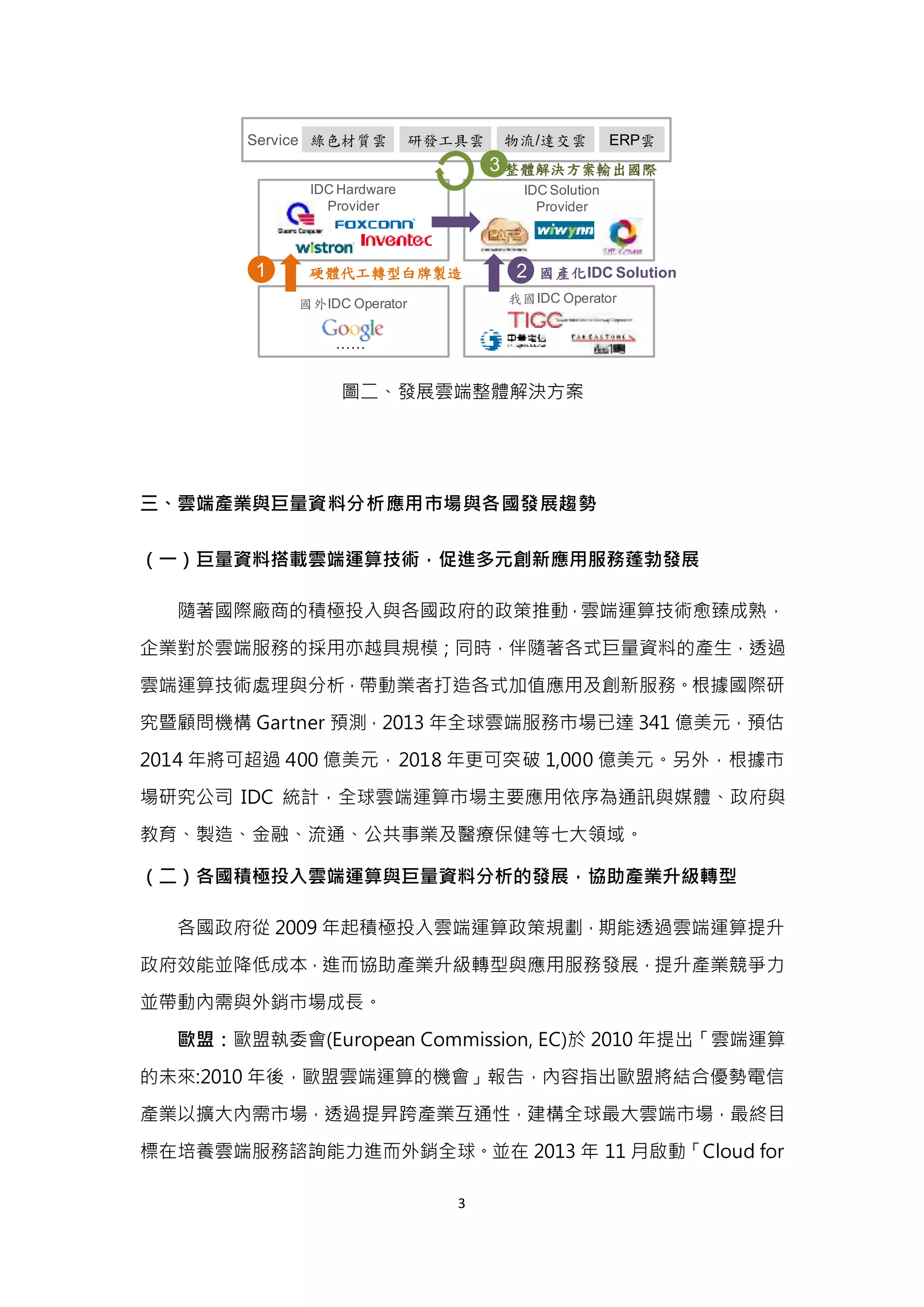 3
圖二、發展雲端整體解決方案
三、雲端產業與巨量資料分析應用市場與各國發展趨勢
（一）巨量資料搭載雲端運算技術，促進多元創新應用服務蓬勃發展
隨著國際廠商的積極投入與各國政府的政策推動，雲端運算技術愈臻成熟，
企業對於雲端服務的採用亦越具規模；同時，伴隨著各式巨量資料的產生，透過
雲端運算技術處理與分析，帶動業者打造各式加值應用及創新服務。根據國際研
究暨顧問機構 Gartner 預測，2013 年全球雲端服務市場已達 341 億美元，預估
2014 年將可超過 400 億美元，2018 年更可突破 1,000 億美元。另外，根據市
場研究公司 IDC 統計，全球雲端運算市場主要應用依序為通訊與媒體、政府與
教育、製造、金融、流通、公共事業及醫療保健等七大領域。
（二）各國積極投入雲端運算與巨量資料分析的發展，協助產業升級轉型
各國政府從 2009 年起積極投入雲端運算政策規劃，期能透過雲端運算提升
政府效能並降低成本，進而協助產業升級轉型與應用服務發展，提升產業競爭力
並帶動內需與外銷市場成長。
歐盟：歐盟執委會(European Commission, EC)於 2010 年提出「雲端運算
的未來:2010 年後，歐盟雲端運算的機會」報告，內容指出歐盟將結合優勢電信
產業以擴大內需市場，透過提昇跨產業互通性，建構全球最大雲端市場，最終目
標在培養雲端服務諮詢能力進而外銷全球。並在 2013 年 11 月啟動「Cloud for
國外IDC Operator 我國IDC Operator
IDC Hardware
Provider
IDC Solution
Provider
Service
1
綠色材質雲 研發工具雲 物流/達交雲 ERP雲
整體解決方案輸出國際
2 國產化IDC Solution
……
硬體代工轉型白牌製造
3
 
