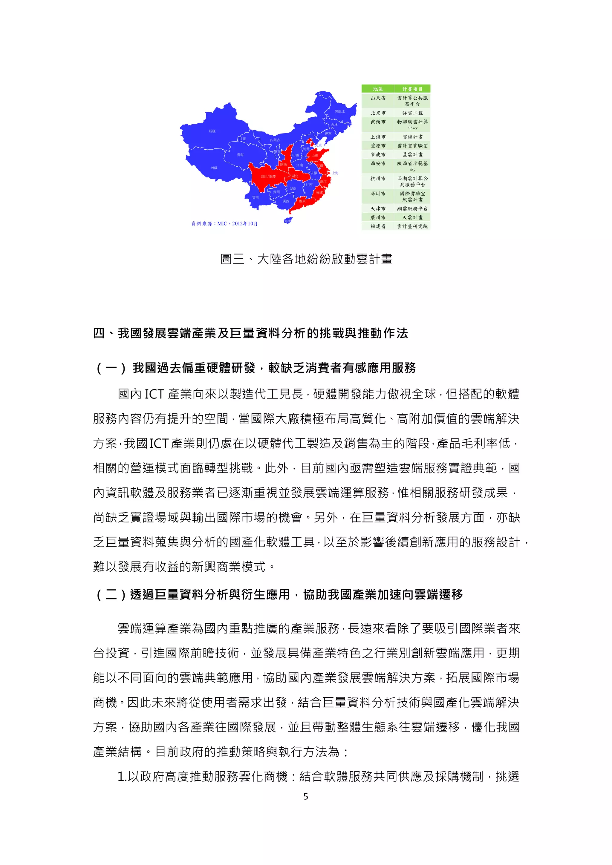5
圖三、大陸各地紛紛啟動雲計畫
四、我國發展雲端產業及巨量資料分析的挑戰與推動作法
（一） 我國過去偏重硬體研發，較缺乏消費者有感應用服務
國內 ICT 產業向來以製造代工見長，硬體開發能力傲視全球，但搭配的軟體
服務內容仍有提升的空間，當國際大廠積極布局高質化、高附加價值的雲端解決
方案，我國ICT產業則仍處在以硬體代工製造及銷售為主的階段，產品毛利率低，
相關的營運模式面臨轉型挑戰。此外，目前國內亟需塑造雲端服務實證典範，國
內資訊軟體及服務業者已逐漸重視並發展雲端運算服務，惟相關服務研發成果，
尚缺乏實證場域與輸出國際市場的機會。另外，在巨量資料分析發展方面，亦缺
乏巨量資料蒐集與分析的國產化軟體工具，以至於影響後續創新應用的服務設計，
難以發展有收益的新興商業模式。
（二）透過巨量資料分析與衍生應用，協助我國產業加速向雲端遷移
雲端運算產業為國內重點推廣的產業服務，長遠來看除了要吸引國際業者來
台投資，引進國際前瞻技術，並發展具備產業特色之行業別創新雲端應用，更期
能以不同面向的雲端典範應用，協助國內產業發展雲端解決方案，拓展國際市場
商機。因此未來將從使用者需求出發，結合巨量資料分析技術與國產化雲端解決
方案，協助國內各產業往國際發展，並且帶動整體生態系往雲端遷移，優化我國
產業結構。目前政府的推動策略與執行方法為：
1.以政府高度推動服務雲化商機：結合軟體服務共同供應及採購機制，挑選
地區 計畫項目
山東省 雲計算公共服
務平台
北京市 祥雲工程
武漢市 物聯網雲計算
中心
上海市 雲海計畫
重慶市 雲計畫實驗室
寧波市 星雲計畫
西安市 陝西省示範基
地
杭州市 西湖雲計算公
共服務平台
深圳市 國際實驗室
鯤雲計畫
天津市 翔雲服務平台
廣州市 天雲計畫
福建省 雲計畫研究院
海南
黑龍江
吉林
遼寧
河北
山東
福建
江西
安徽
湖北
湖南
廣東廣西
上海
河南
山西
內蒙古
陝西
寧夏
甘肅
青海
四川/重慶
貴州
雲南
西藏
新疆
江蘇
浙江
北京
資料來源：MIC，2012年10月
 