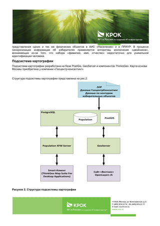 представления одних и тех же физических объектов в АИС «Население» и в ПРИУР. В процессе
синхронизации информации об избирателях применяются алгоритмы исключения «двойников»,
возникающих из-за того, что набора «фамилия, имя, отчество» недостаточно для уникальной
идентификации человека.
Подсистема картографии
Подсистема картографии разработана на базе PostGis, GeoServer и компонентов ThinksGeo. Карта-основа
Москвы приобретена у компании «Геоцентр-консалтинг»
Структура подсистемы картографии представлена на рис.2.
PostgreSQL
PostGIS
Population
Population XFW Server GeoServer
Smart-Клиент
(ThinkGeo Map Suite For
Desktop Applications)
Сайт «Вестник»
OpenLayers JS
.SHP
Данные ГеоцентрКонсалтинг
Данные по контурам
избирательных объектов
Рисунок 2. Структура подсистемы картографии
 
