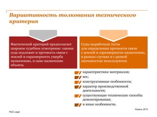 PwC Legal
Вариативность толкования технического
критерия
Апрель 2015
• характеристики материалов;
• вес;
• конструктивные особенности;
• характер производственной
деятельности;
• существующие технические способы
демонтирования;
• и иные особенности.
Фактический критерий предполагает
широкое судебное усмотрение: оценке
суда подлежит и прочность связи с
землей и соразмерность ущерба
назначению, и само назначение
объекта.
Суды выработали тесты
для определения прочности связи
с землей и соразмерности назначению,
в разных случаях и с разной
значимостью используются: