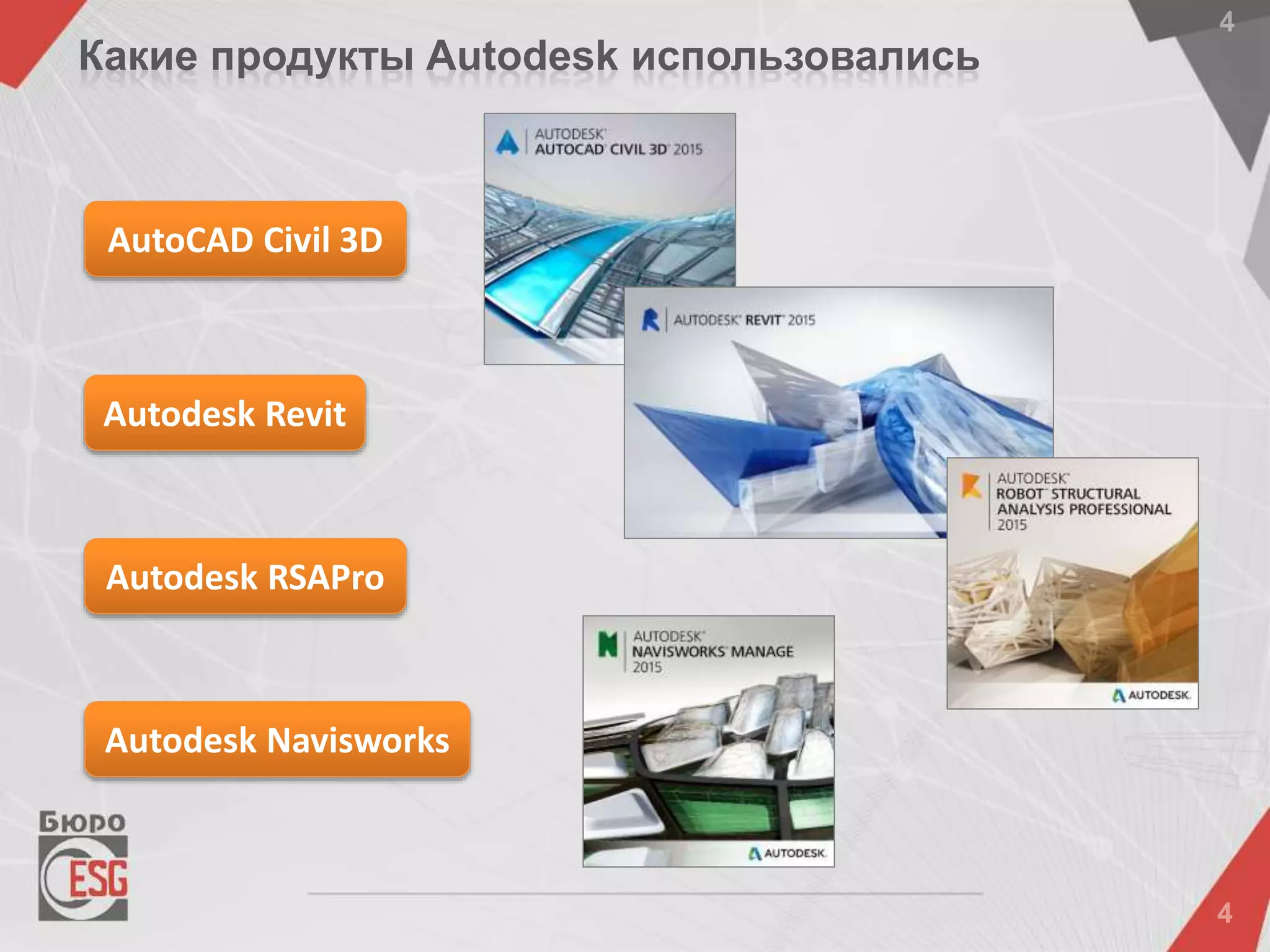 AutoCAD Civil 3D
Autodesk Revit
Autodesk RSAPro
Autodesk Navisworks
Какие продукты Autodesk использовались
 