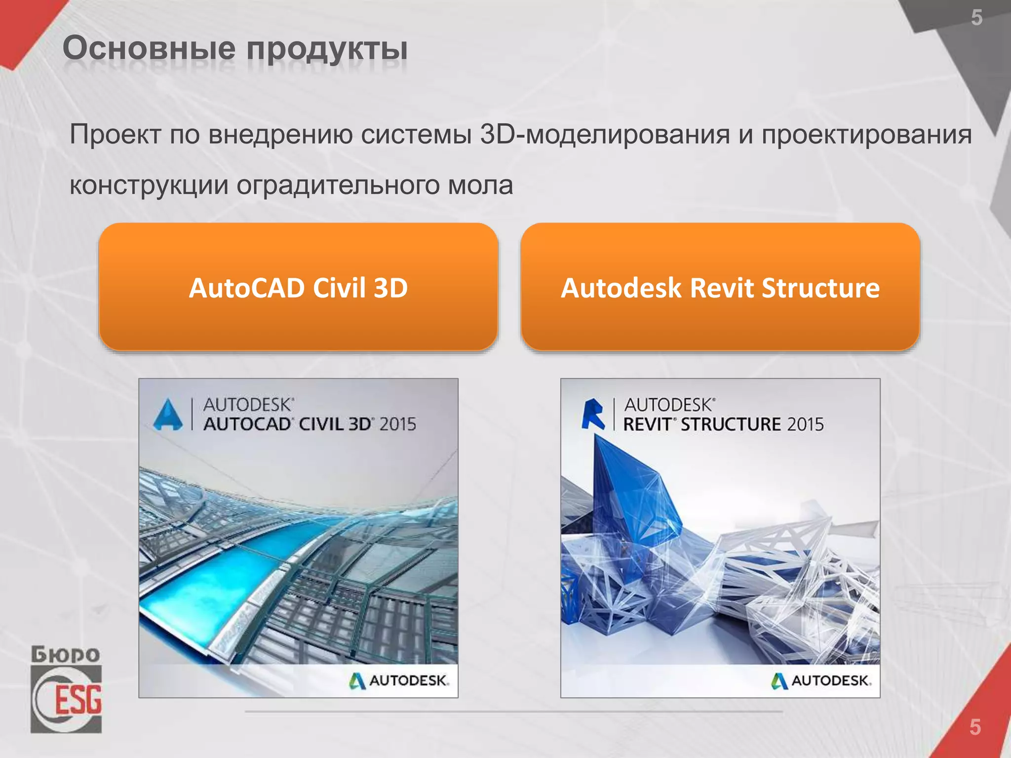 AutoCAD Civil 3D Autodesk Revit Structure
Проект по внедрению системы 3D-моделирования и проектирования
конструкции оградительного мола
Основные продукты
 