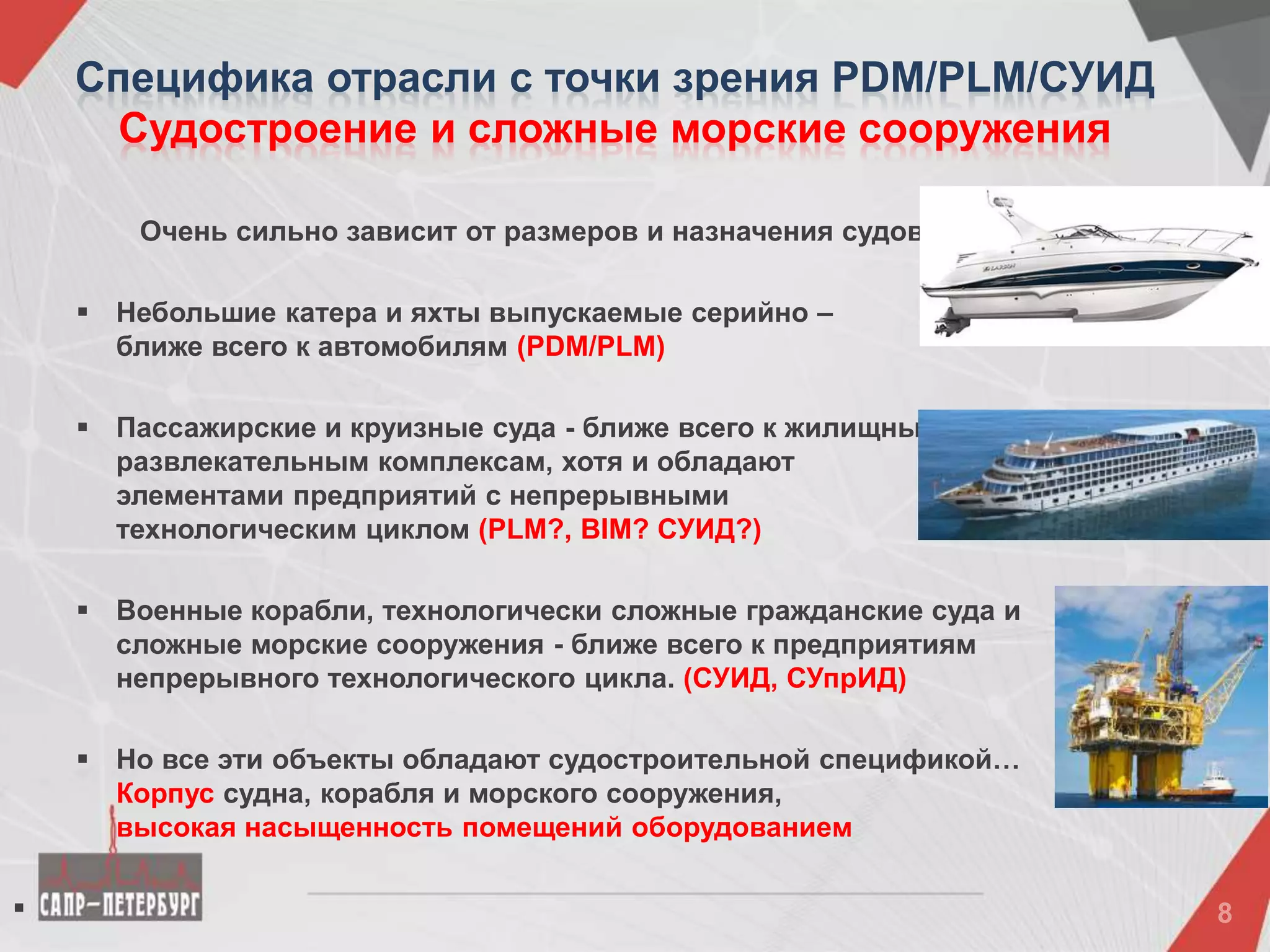Специфика отрасли с точки зрения PDM/PLM/СУИД
Судостроение и сложные морские сооружения
Очень сильно зависит от размеров и назначения судов:
 Небольшие катера и яхты выпускаемые серийно –
ближе всего к автомобилям (PDM/PLM)
 Пассажирские и круизные суда - ближе всего к жилищным и торгово –
развлекательным комплексам, хотя и обладают
элементами предприятий с непрерывными
технологическим циклом (PLM?, BIM? СУИД?)
 Военные корабли, технологически сложные гражданские суда и
сложные морские сооружения - ближе всего к предприятиям
непрерывного технологического цикла. (СУИД, СУпрИД)
 Но все эти объекты обладают судостроительной спецификой…
Корпус судна, корабля и морского сооружения,
высокая насыщенность помещений оборудованием

 