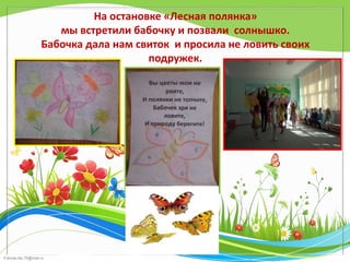 FokinaLida.75@mail.ru
На остановке «Лесная полянка»
мы встретили бабочку и позвали солнышко.
Бабочка дала нам свиток и просила не ловить своих
подружек.