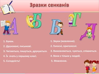 1. Букви.
2. Друковані, письмові.
3. Читаються, пишуться, друкуються.
4. Їх вчать у першому класі.
5. Складність!
1. Звуки (мовлення).
2. Голосні, приголосні.
3. Вимовляються, чуються, співаються.
4. Вони є тільки у людей.
5. Мовлення.
 