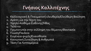 1. Καλλιτεχνική & Πνευματική ελευθερία/Ελεύθερη Βούληση
2. Αγάπη για τηνΤέχνη του
3. Υψηλό Αίσθημα Ευθύνης/Ήθος
4. Ταλέντο
5. Πρωτοτυπία στην σύλληψη του θέματος/Φαντασία
6. Γνώση/Παιδεία
7. Ευγένεια ψυχής/Ευαισθησία
8. Κοινωνική Συνείδηση & Ανθρωπιά
9. Τάση Για Λεπτομέρεια
 