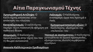 Χρησιμοθηρική Αντίληψη: Ο
Καλλιτέχνης αποσκοπεί στην
απόκτηση του πλούτου
Λαϊκισμός: Ο Καλλιτέχνης
αναπαράγει έργα που προτιμά ο
Λαός
Καταναλωτισμός: Ο καλλιτέχνης
παρέχει τέχνη ποσοτική & εφήμερη για
παθητική θέαση
Εμπορευματοποίηση αξιών: Ο
Καλλιτέχνης εξυπηρετεί την
«πελατεία» του
Ατομισμός: Ο Καλλιτέχνης
προσηλώνεται στην τέχνη του που
τη θεωρεί αυτοσκοπό
Υποταγή σε σκοπιμότητες: Ο Καλλιτέχνης
μετατρέπεται σε όργανο προπαγάνδας ,
εξυπηρετώντας ιδιοτελή συμφέροντα
ανωτέρων
Απουσία Καλλιτεχνικών Ερεθισμάτων
 