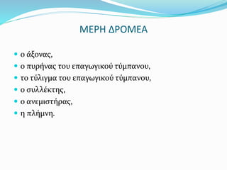 ΜΕΡΗ ΔΡΟΜΕΑ
 ο άξονας,
 ο πυρήνας του επαγωγικού τύμπανου,
 το τύλιγμα του επαγωγικού τύμπανου,
 ο συλλέκτης,
 ο ανεμιστήρας,
 η πλήμνη.
 