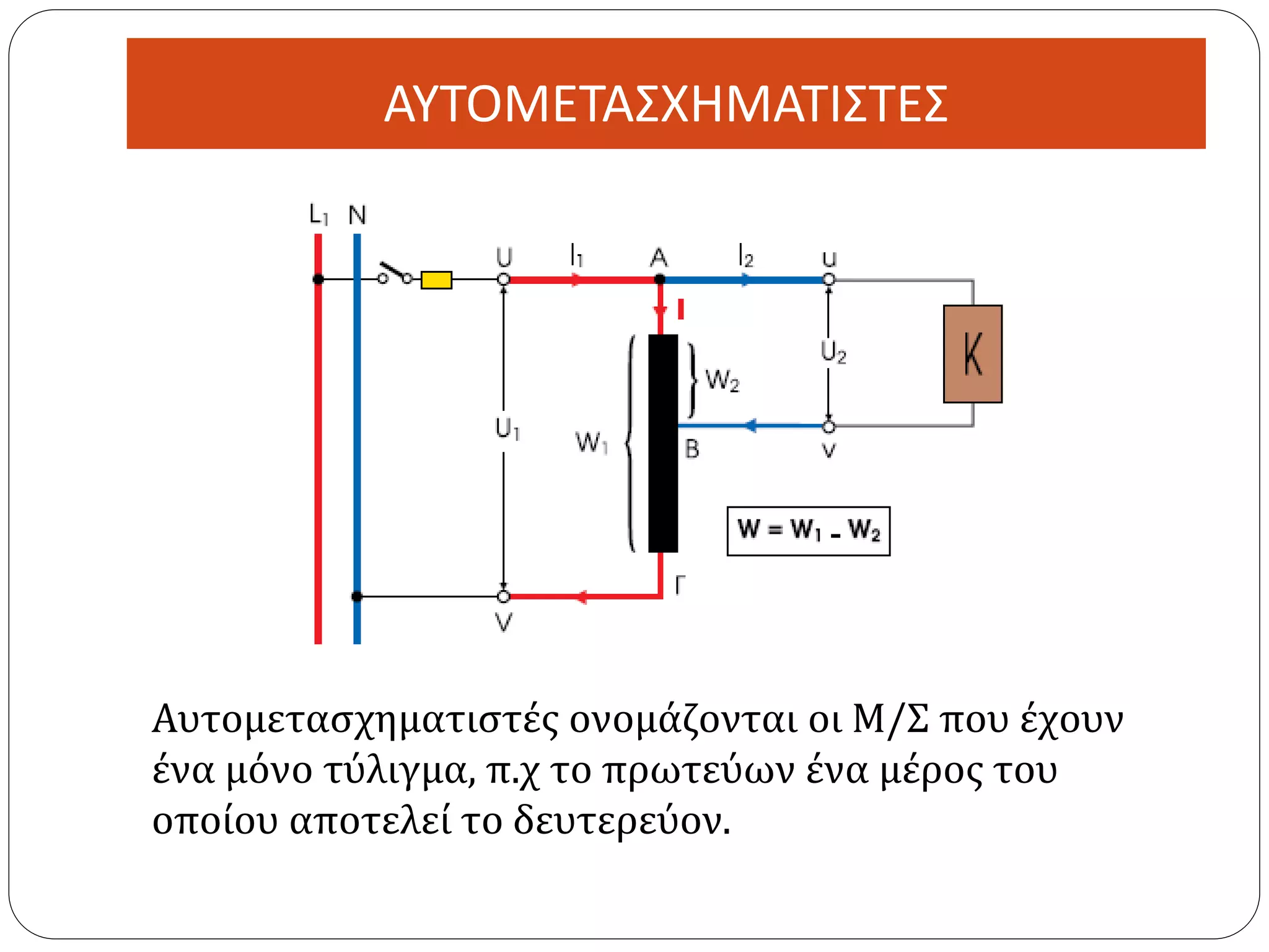 ΑΥΤΟΜΕΤΑΣΧΗΜΑΤΙΣΤΕΣ
Αυτομετασχηματιστές ονομάζονται οι Μ/Σ που έχουν
ένα μόνο τύλιγμα, π.χ το πρωτεύων ένα μέρος του
οποίου αποτελεί το δευτερεύον.
 