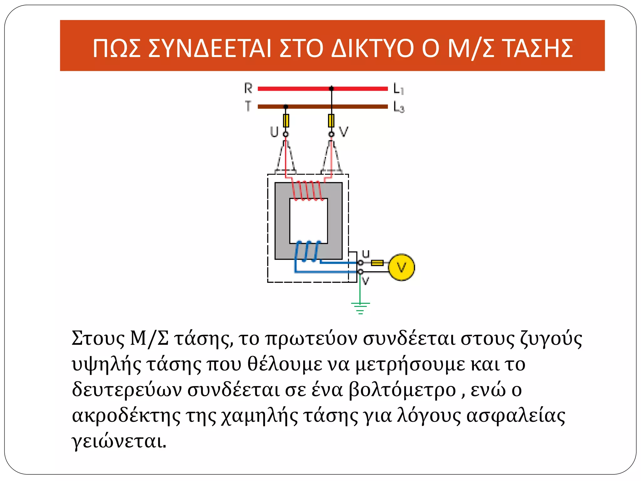 ΠΩΣ ΣΥΝΔΕΕΤΑΙ ΣΤΟ ΔΙΚΤΥΟ Ο Μ/Σ ΤΑΣΗΣ
Στους Μ/Σ τάσης, το πρωτεύον συνδέεται στους ζυγούς
υψηλής τάσης που θέλουμε να μετρήσουμε και το
δευτερεύων συνδέεται σε ένα βολτόμετρο , ενώ ο
ακροδέκτης της χαμηλής τάσης για λόγους ασφαλείας
γειώνεται.
 