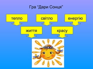 Гра “Дари Сонця”
тепло світло енергію
життя красу
 
