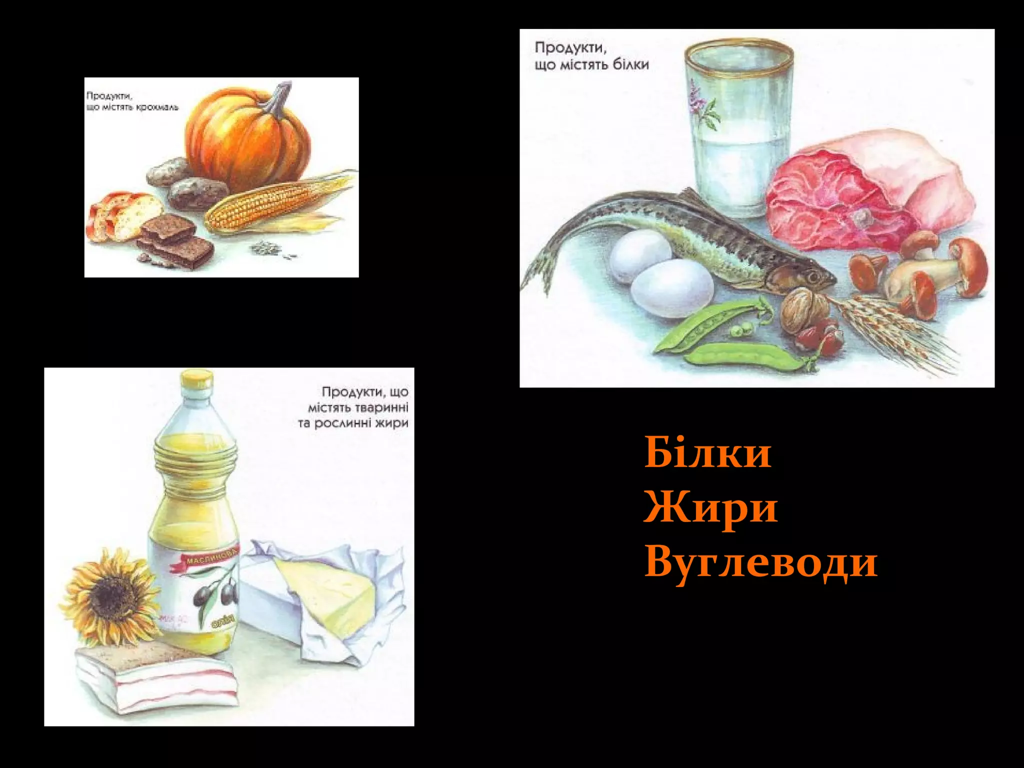 Білки
Жири
Вуглеводи
 