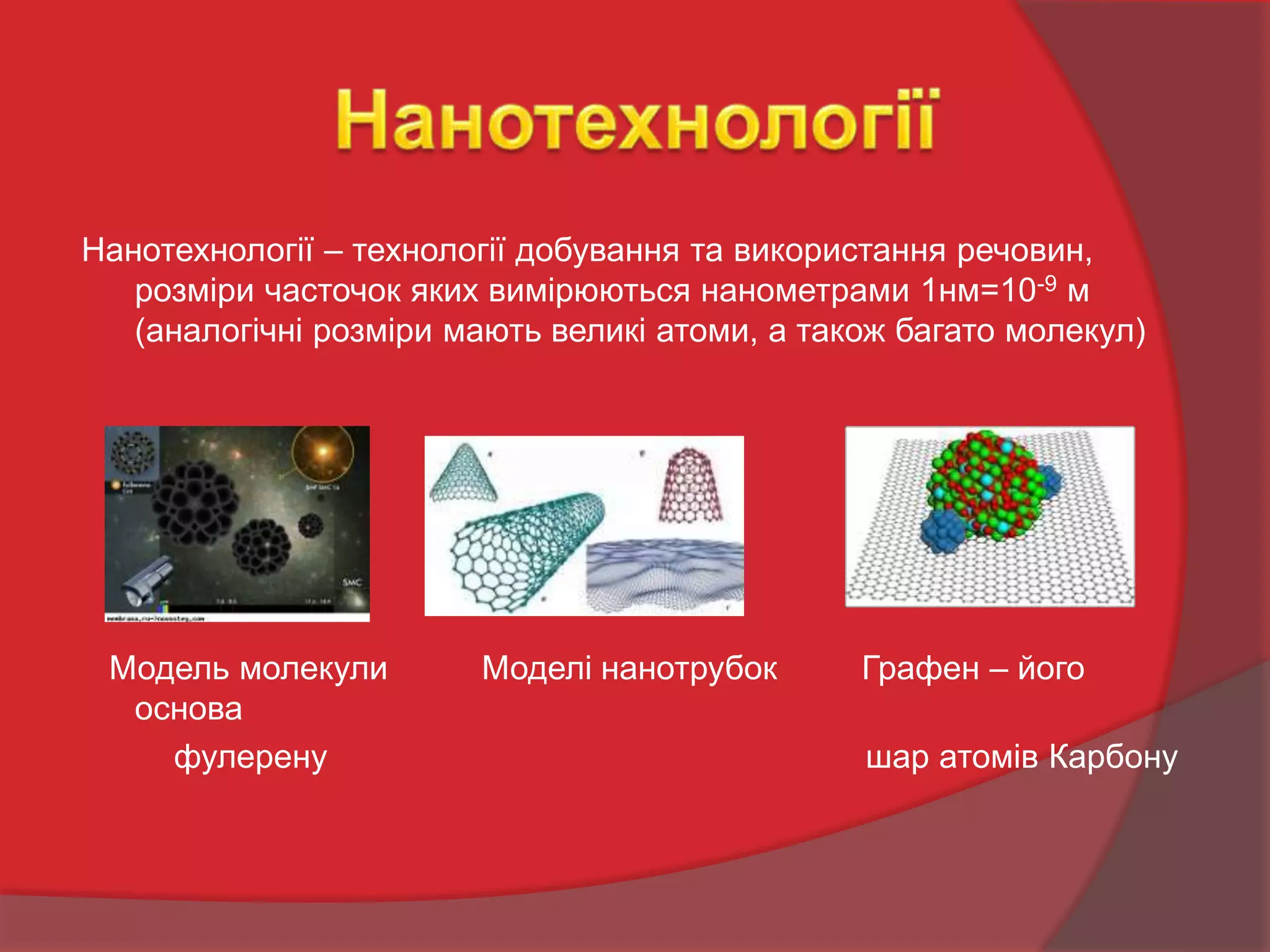Нанотехнології – технології добування та використання речовин,
розміри часточок яких вимірюються нанометрами 1нм=10-9 м
(аналогічні розміри мають великі атоми, а також багато молекул)
Модель молекули Моделі нанотрубок Графен – його
основа
фулерену шар атомів Карбону
 
