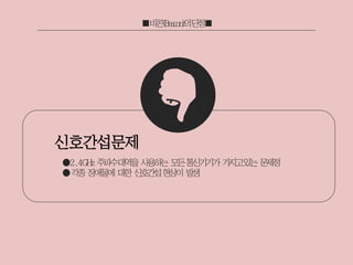 ●2.4GHz 주파수대역을 사용하는 모든통신기기가 가지고있는 문제점
●각종 장애물에 대한 신호간섭현상이 발생
신호간섭문제
 