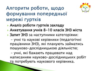  Аналіз роботи гуртків закладу
 Анкетування учнів 8-10 класів ЗНЗ міста
 Запит ЗНЗ за наступними категоріями:
- учні та наукові керівники (педагогічні
працівники ЗНЗ), які планують займатись
пошуково-дослідницькою діяльністю;
- учні, які бажають працювати над
написанням науково-дослідницьких робіт
та потребують наукового керівника.
 