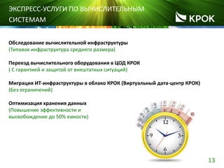 13
ЭКСПРЕСС-УСЛУГИ ПО ВЫЧИСЛИТЕЛЬНЫМ
СИСТЕМАМ
Обследование вычислительной инфраструктуры
(Типовая инфраструктура среднего размера)
Переезд вычислительного оборудования в ЦОД КРОК
( С гарантией и защитой от внештатных ситуаций)
Миграция ИТ-инфраструктуры в облако КРОК (Виртуальный дата-центр КРОК)
(Без ограничений)
Оптимизация хранения данных
(Повышение эффективности и
высвобождение до 50% емкости)
 