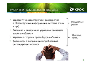 3
РИСКИ ПРИ РАЗМЕЩЕНИИ В «ОБЛАКЕ»
• Угрозы ИТ‐инфраструктуре, развернутой 
в облаке (утечка информации, сетевые атаки 
и пр.)
• Внешние и внутренние угрозы механизмам 
защиты «облака»
• Угрозы со стороны провайдера «облака»
• Сложности с выполнением требований 
регулирующих органов
Стандартные 
угрозы
Облачные 
угрозы
 