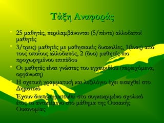 Τάξη ΑναφοράςΤάξη Αναφοράς
• 25 μαθητές, περιλαμβάνονται (5/πέντε) αλλοδαποί25 μαθητές, περιλαμβάνονται (5/πέντε) αλλοδαποί
μαθητέςμαθητές
• 3/τρεις) μαθητές με μαθησιακές δυσκολίες, 1(ένας) από3/τρεις) μαθητές με μαθησιακές δυσκολίες, 1(ένας) από
τους οποίους αλλοδαπός, 2 (δυο) μαθητές πιοτους οποίους αλλοδαπός, 2 (δυο) μαθητές πιο
προχωρημένου επιπέδουπροχωρημένου επιπέδου
• Οι μαθητές είναι γνώστες του εγχειριδίου (περιεχόμενα,Οι μαθητές είναι γνώστες του εγχειριδίου (περιεχόμενα,
οργάνωση)οργάνωση)
• Η σχετική γραμματική και λεξιλόγιο έχει εισαχθεί στοΗ σχετική γραμματική και λεξιλόγιο έχει εισαχθεί στο
ΔημοτικόΔημοτικό
• Έχουν διαπραγματευθεί στο συγκεκριμένο σχολικόΈχουν διαπραγματευθεί στο συγκεκριμένο σχολικό
έτος το αντικείμενο στο μάθημα της Οικιακήςέτος το αντικείμενο στο μάθημα της Οικιακής
ΟικονομίαςΟικονομίας
 