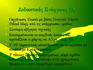Διδακτικές Ενέργειες (2)Διδακτικές Ενέργειες (2)
• Οργάνωση Υλικού με βάση Νοητικό ΧάρτηΟργάνωση Υλικού με βάση Νοητικό Χάρτη
((Mind Map)Mind Map) από τις υπάρχουσες ομάδεςαπό τις υπάρχουσες ομάδες
• Σύντομη εξήγηση τεχνικήςΣύντομη εξήγηση τεχνικής
• Επισημαίνονται οι κομβικές έννοιες καιΕπισημαίνονται οι κομβικές έννοιες και
σχεδιάζεται ο χάρτης σε Α3 μεσχεδιάζεται ο χάρτης σε Α3 με χχρρώώμμαατταα
• 5’-10’ (προοπτική ολοκλήρωσης σε συνεργασία με5’-10’ (προοπτική ολοκλήρωσης σε συνεργασία με
συνάδελφο Καλλιτεχνικών)συνάδελφο Καλλιτεχνικών)
• 2’ τέλους: Σύνοψη πεπραγμένων, αδρό σχέδιο2’ τέλους: Σύνοψη πεπραγμένων, αδρό σχέδιο
επόμενης ώρας, επανάληψη στην γραμματικήεπόμενης ώρας, επανάληψη στην γραμματική
θεωρία στο σπίτι (παράθεμα εγχειριδίου)θεωρία στο σπίτι (παράθεμα εγχειριδίου)
 