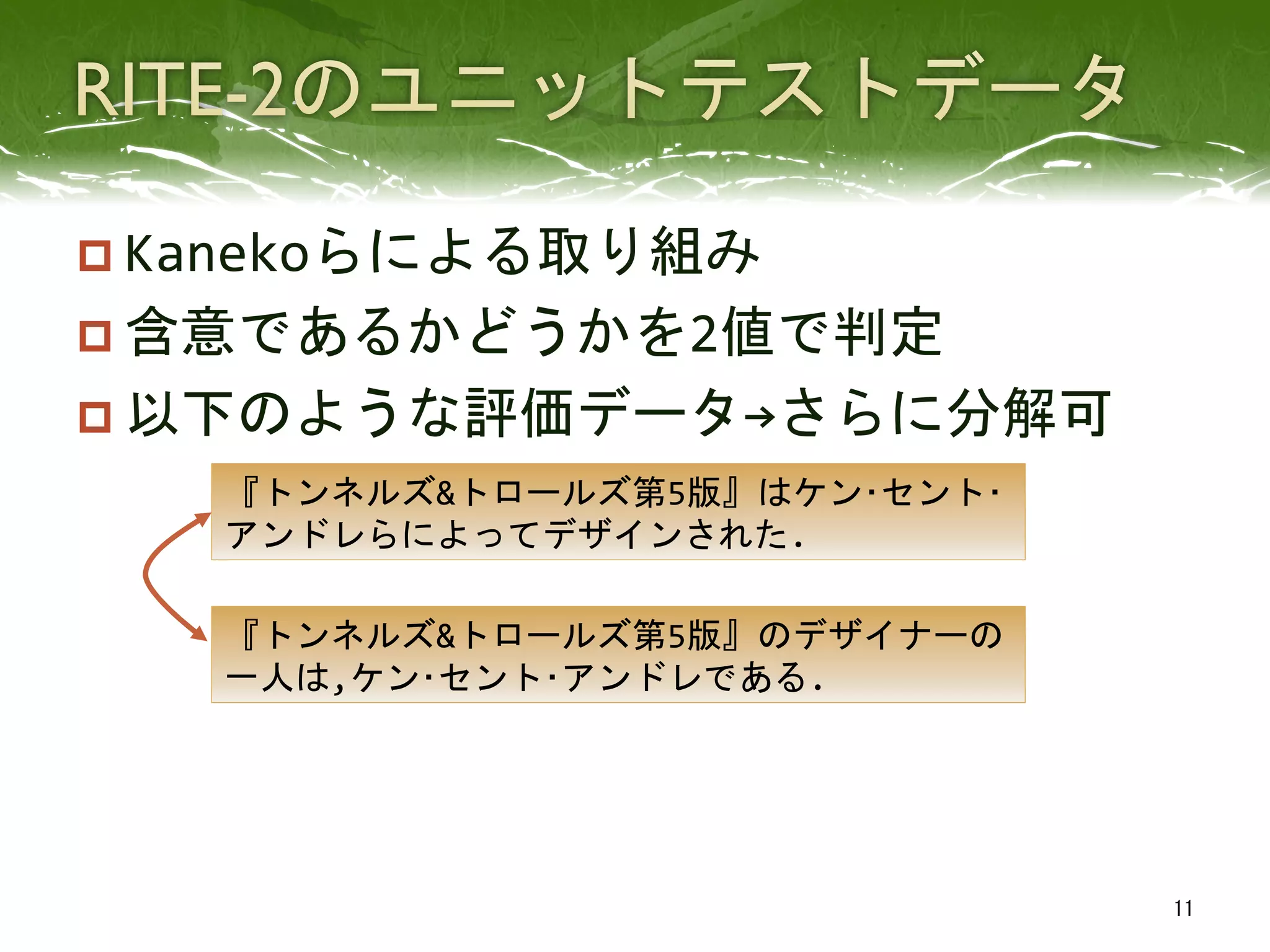 p Kanekoらによる取り組み	
  
p 含意であるかどうかを2値で判定	
  
p 以下のような評価データ→さらに分解可	
  
11	
 
『トンネルズ&トロールズ第5版』はケン･セント･	
  
アンドレらによってデザインされた.	
 
『トンネルズ&トロールズ第5版』のデザイナーの	
  
一人は,ケン･セント･アンドレである.	
 
 