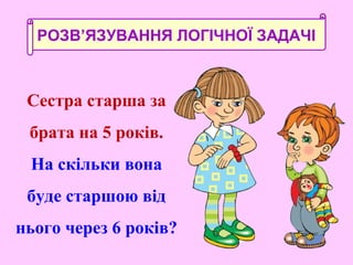 Сестра старша за
брата на 5 років.
На скільки вона
буде старшою від
нього через 6 років?
РОЗВ’ЯЗУВАННЯ ЛОГІЧНОЇ ЗАДАЧІ
 
