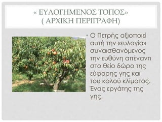 « ΕΥΛΟΓΗΜΕΝΟΣ ΤΟΠΟΣ»
( ΑΡΧΙΚΗ ΠΕΡΙΓΡΑΦΗ)
• Ο Πετρής αξιοποιεί
αυτή την «ευλογία»
συναισθανόμενος
την ευθύνη απέναντι
στο θείο δώρο της
εύφορης γης και
του καλού κλίματος.
Ένας εργάτης της
γης.
 