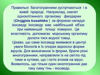 Правильні багатогранники зустрічаються і в
живій природі. Наприклад, скелет
одноклітинного організму феодарии
(Circjgjnia icosahtdra ) за формою нагадує
ікосаедр. Ікосаедр має найбільший об'єм
при найменшій площі поверхні. Ця
властивість допомагає морському організму
долати тиск водної товщі.
Цікаво, що саме ікосаедр виявився в центрі
уваги біологів в їх спорах відносно форми
вірусів. Для визначення їх форми, брали різні
многогранники, направляли їх на світло під
тими ж кутами, що і потік атомів на вірус.
Виявилось, що тільки один многогранник дає
таку саму тінь - ікосаедр.
 