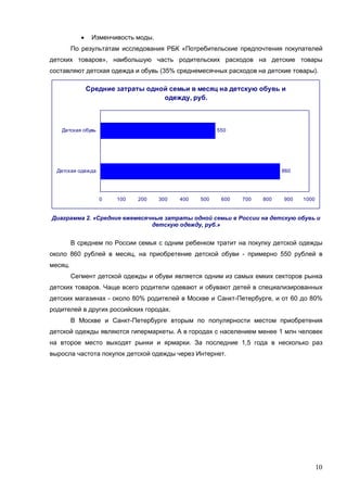 10
• Изменчивость моды.
По результатам исследования РБК «Потребительские предпочтения покупателей
детских товаров», наибольшую часть родительских расходов на детские товары
составляют детская одежда и обувь (35% среднемесячных расходов на детские товары).
Средние затраты одной семьи в месяц на детскую обувь и
одежду, руб.
860
550
0 100 200 300 400 500 600 700 800 900 1000
Детская одежда
Детская обувь
Диаграмма 2. «Средние ежемесячные затраты одной семьи в России на детскую обувь и
детскую одежду, руб.»
В среднем по России семья с одним ребенком тратит на покупку детской одежды
около 860 рублей в месяц, на приобретение детской обуви - примерно 550 рублей в
месяц.
Сегмент детской одежды и обуви является одним из самых емких секторов рынка
детских товаров. Чаще всего родители одевают и обувают детей в специализированных
детских магазинах - около 80% родителей в Москве и Санкт-Петербурге, и от 60 до 80%
родителей в других российских городах.
В Москве и Санкт-Петербурге вторым по популярности местом приобретения
детской одежды являются гипермаркеты. А в городах с населением менее 1 млн человек
на второе место выходят рынки и ярмарки. За последние 1,5 года в несколько раз
выросла частота покупок детской одежды через Интернет.
 