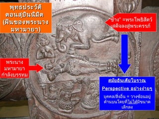 พุทธประวัติพุทธประวัติ
ตอนสุบินนิมิตตอนสุบินนิมิต
((ฝันของพระนางฝันของพระนาง
มหามายามหามายา))
“ช้าง” =พระโพธิสัตว์
เสด็จลงสู่พระครรภ์
พระนาง
มหามายา
กำาลังบรรทม
สมัยอินเดียโบราณ
Perspective อย่างง่ายๆ
บุคคล/สิ่งอื่น = วางซ้อนอยู่
ด้านบนโดยที่ไม่ได้มีขนาด
เล็กลง
 