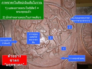 ตัวอย่างตัวอย่าง
ชาดกชาดก
”มฤคชาดก””มฤคชาดก”
2
1
ภาพชาดกในศิลปะอินเดียโบราณ
1) แสดงภาพพระโพธิสัตว์ ≠
พระพุทธเจ้า
2) มักทำาหลายตอนในภาพเดียว
3
กวางทองช่วยคน
กวางทอง
เทศน์ให้
พระราชา
ฟัง
คนไปบอกพระราชา
พระราชามาล่ากวาง
กวางบริวาร
กำาลังหนี
 