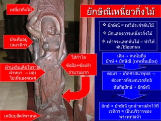 ยักษิณีเหนี่ยวกิ่งไม้ยักษิณีเหนี่ยวกิ่งไม้
 ยักษิณี = เทวีประจำาต้นไม้
 มักแสดงการเหนี่ยวกิ่งไม้
 เท้ากระแทกต้นไม้ = ทำาให้
ต้นไม้ออกผล
ยักษ์ + ยักษิณี ถูกนำามาสลักไว้ที่
เวทิกา ≈ เป็นบริวารของ
พระพุทธเจ้า
เดิม → คนนับถือ
ยักษ์ + ยักษิณี (เทพพื้นเมือง)
ต่อมา → เกิดศาสนาพุทธ →
ต้องการที่จะผนวกลัทธิ
นับถือยักษ์ + ยักษิณี
เหนี่ยวกิ่งไม้
เหยียบสัตว์พาหนะ
ผ้านุ่งอินเดียโบราณ
ผ้าหนา → มอง
ไม่เห็นองคเพศ
ใส่กำาไล
ข้อมือ+ข้อเท้า
จำานวนมาก
ประดับอยู่
บนเวทิกา
 