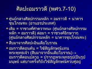 ศิลปะอมราวดีศิลปะอมราวดี ((พศวพศว.7-10).7-10)
ศูนย์กลางศิลปกรรมหลักศูนย์กลางศิลปกรรมหลัก == อมราวดีอมราวดี ++ นาคารนาคาร
ชุนโกณฑะชุนโกณฑะ ((อานธรประเทศอานธรประเทศ))
เดิมเดิม == ราชวงศ์ศาตวาหนะราชวงศ์ศาตวาหนะ ((ศูนย์กลางศิลปกรรมศูนย์กลางศิลปกรรม
หลักหลัก == อมราวดีอมราวดี)) ต่อมาต่อมา == ราชวงศ์อิกษวากุราชวงศ์อิกษวากุ
((ศูนย์กลางศิลปกรรมหลักศูนย์กลางศิลปกรรมหลัก == นาคารชุนโกณฑะนาคารชุนโกณฑะ))
สืบมาจากศิลปะอินเดียโบราณสืบมาจากศิลปะอินเดียโบราณ
อมราวดีตอนต้นอมราวดีตอนต้น == ใช้สัญลักษณ์แทนใช้สัญลักษณ์แทน
พระพุทธเจ้าพระพุทธเจ้า ((สืบมาจากอินเดียโบราณสืบมาจากอินเดียโบราณ)→)→
อมราวดีตอนปลายอมราวดีตอนปลาย == ปรากฏพระพุทธรูปเป็นรูปปรากฏพระพุทธรูปเป็นรูป
มนุษย์ แต่บางครั้งก็ยังใช้สัญลักษณ์ควบคู่อยู่มนุษย์ แต่บางครั้งก็ยังใช้สัญลักษณ์ควบคู่อยู่
 