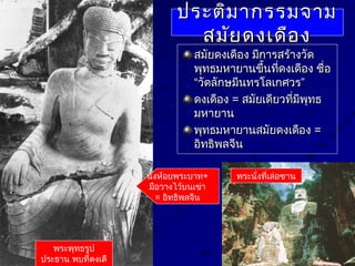 ประติมากรรมจามประติมากรรมจาม
สมัยดงเดืองสมัยดงเดือง
สมัยดงเดือง มีการสร้างวัดสมัยดงเดือง มีการสร้างวัด
พุทธมหายานขึ้นที่ดงเดือง ชื่อพุทธมหายานขึ้นที่ดงเดือง ชื่อ
“วัดลักษมีนทรโลเกศวร”“วัดลักษมีนทรโลเกศวร”
ดงเดืองดงเดือง == สมัยเดียวที่มีพุทธสมัยเดียวที่มีพุทธ
มหายานมหายาน
พุทธมหายานสมัยดงเดืองพุทธมหายานสมัยดงเดือง ==
อิทธิพลจีนอิทธิพลจีน
นั่งห้อยพระบาท+
มือวางไว้บนเข่า
= อิทธิพลจีน
พระพุทธรูป
ประธาน พบที่ดงเดื
พระนั่งที่เล่อซาน
 