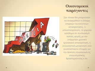 Οικονομικοί
παράγοντες
Σαν τέτοιοι θα μπορούσαν
να αναφερθούν η έλλειψη
επαρκών δυνατοτήτων
απασχόλησης, η
υποαπασχόληση, το χαμηλό
εισόδημα σε συνδυασμό
πολλές φορές με την
υπέρμετρη χρονικά
εργασιακή απασχόληση, η
αναγκαστική μετακίνηση σαν
αναπόσπαστο στοιχείο για
την άσκηση συγκεκριμένης
επαγγελματικής
δραστηριότητας κ.λπ.
 