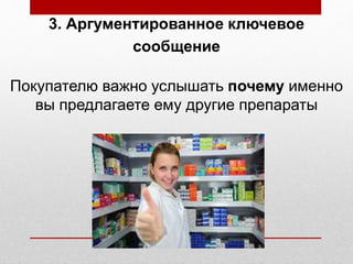 3. Аргументированное ключевое
сообщение
Покупателю важно услышать почему именно
вы предлагаете ему другие препараты
 