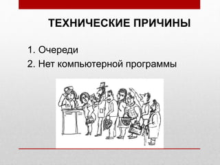 ТЕХНИЧЕСКИЕ ПРИЧИНЫ
1. Очереди
2. Нет компьютерной программы
 