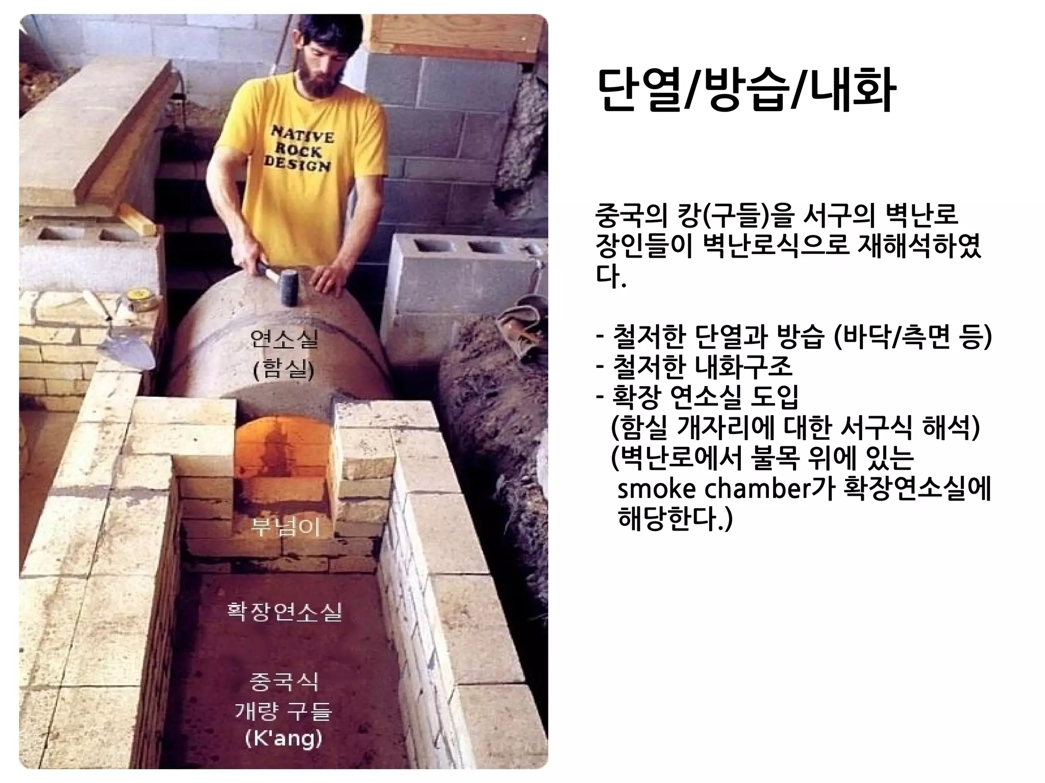 단열/방습/내화
중국의 캉(구들)을 서구의 벽난로
장인들이 벽난로식으로 재해석하였
다.
- 철저한 단열과 방습 (바닥/측면 등)
- 철저한 내화구조
- 확장 연소실 도입
(함실 개자리에 대한 서구식 해석)
(벽난로에서 불목 위에 있는
smoke chamber가 확장연소실에
해당한다.)
 