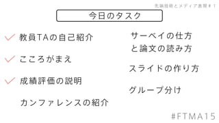 今日のタスク
先端技術とメディア表現＃１
#FTMA15
成績評価の説明
こころがまえ
教員TAの自己紹介
スライドの作り方
カンファレンスの紹介
グループ分け
サーベイの仕方
と論文の読み方
 