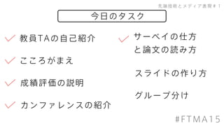 今日のタスク
先端技術とメディア表現＃１
#FTMA15
成績評価の説明
こころがまえ
教員TAの自己紹介 サーベイの仕方
と論文の読み方
スライドの作り方
カンファレンスの紹介
グループ分け
 