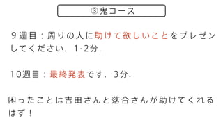 ③鬼コース
９ 週 目 ： 周 り の 人 に 助 け て 欲 し い こ と を プ レ ゼ ン
してください．1-2分．
10週目：最終発表です．3分．
困 っ た こ と は 吉 田 さ ん と 落 合 さ ん が 助 け て く れ る
はず！
 