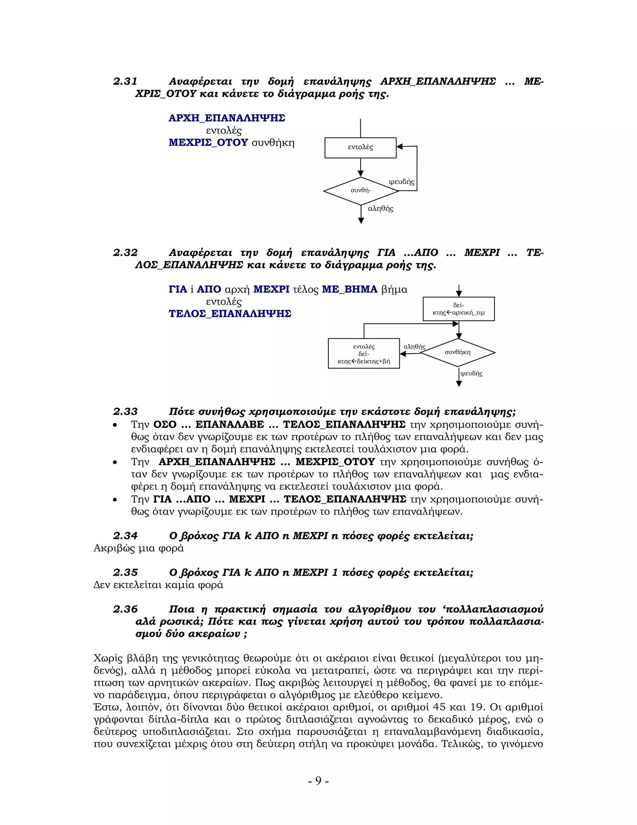 - 9 -
2.31 Αναφέρεται την δομή επανάληψης ΑΡΧΗ_ΕΠΑΝΑΛΗΨΗΣ … ΜΕ-
ΧΡΙΣ_ΟΤΟΥ και κάνετε το διάγραμμα ροής της.
ΑΡΧΗ_ΕΠΑΝΑΛΗΨΗΣ
συνθή-
εντολές
αληθής
ψευδής
εντολές
ΜΕΧΡΙΣ_ΟΤΟΥ συνθήκη
2.32 Αναφέρεται την δομή επανάληψης ΓΙΑ …ΑΠΟ … ΜΕΧΡΙ … ΤΕ-
ΛΟΣ_ΕΠΑΝΑΛΗΨΗΣ και κάνετε το διάγραμμα ροής της.
συνθήκη
δεί-
κτης αρχική_τιμ
αληθής
ψευδής
ΓΙΑ i ΑΠΟ αρχή ΜΕΧΡΙ τέλος ΜΕ_ΒΗΜΑ βήμα
εντολές
ΤΕΛΟΣ_ΕΠΑΝΑΛΗΨΗΣ
εντολές
δεί-
κτης δείκτης+βή
2.33 Πότε συνήθως χρησιμοποιούμε την εκάστοτε δομή επανάληψης;
• Την ΟΣΟ … ΕΠΑΝΑΛΑΒΕ … ΤΕΛΟΣ_ΕΠΑΝΑΛΗΨΗΣ την χρησιμοποιούμε συνή-
θως όταν δεν γνωρίζουμε εκ των προτέρων το πλήθος των επαναλήψεων και δεν μας
ενδιαφέρει αν η δομή επανάληψης εκτελεστεί τουλάχιστον μια φορά.
• Την ΑΡΧΗ_ΕΠΑΝΑΛΗΨΗΣ … ΜΕΧΡΙΣ_ΟΤΟΥ την χρησιμοποιούμε συνήθως ό-
ταν δεν γνωρίζουμε εκ των προτέρων το πλήθος των επαναλήψεων και μας ενδια-
φέρει η δομή επανάληψης να εκτελεστεί τουλάχιστον μια φορά.
• Την ΓΙΑ …ΑΠΟ … ΜΕΧΡΙ … ΤΕΛΟΣ_ΕΠΑΝΑΛΗΨΗΣ την χρησιμοποιούμε συνή-
θως όταν γνωρίζουμε εκ των προτέρων το πλήθος των επαναλήψεων.
2.34 Ο βρόχος ΓΙΑ k ΑΠΟ n ΜΕΧΡΙ n πόσες φορές εκτελείται;
Ακριβώς μια φορά
2.35 Ο βρόχος ΓΙΑ k ΑΠΟ n ΜΕΧΡΙ 1 πόσες φορές εκτελείται;
Δεν εκτελείται καμία φορά
2.36 Ποια η πρακτική σημασία του αλγορίθμου του ‘πολλαπλασιασμού
αλά ρωσικά; Πότε και πως γίνεται χρήση αυτού του τρόπου πολλαπλασια-
σμού δύο ακεραίων ;
Χωρίς βλάβη της γενικότητας θεωρούμε ότι οι ακέραιοι είναι θετικοί (μεγαλύτεροι του μη-
δενός), αλλά η μέθοδος μπορεί εύκολα να μετατραπεί, ώστε να περιγράψει και την περί-
πτωση των αρνητικών ακεραίων. Πως ακριβώς λειτουργεί η μέθοδος, θα φανεί με το επόμε-
νο παράδειγμα, όπου περιγράφεται ο αλγόριθμος με ελεύθερο κείμενο.
Έστω, λοιπόν, ότι δίνονται δύο θετικοί ακέραιοι αριθμοί, οι αριθμοί 45 και 19. Οι αριθμοί
γράφονται δίπλα-δίπλα και ο πρώτος διπλασιάζεται αγνοώντας το δεκαδικό μέρος, ενώ ο
δεύτερος υποδιπλασιάζεται. Στο σχήμα παρουσιάζεται η επαναλαμβανόμενη διαδικασία,
που συνεχίζεται μέχρις ότου στη δεύτερη στήλη να προκύψει μονάδα. Τελικώς, το γινόμενο
 
