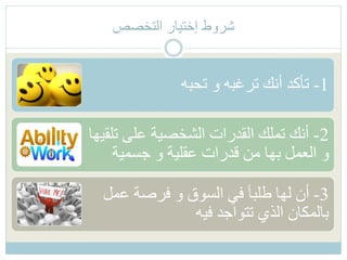 ‫التخصص‬ ‫إختيار‬ ‫شروط‬
1-‫تحبه‬ ‫و‬ ‫ترغبه‬ ‫أنك‬ ‫تأكد‬
2-‫ت‬ ‫على‬ ‫الشخصية‬ ‫القدرات‬ ‫تملك‬ ‫أنك‬‫لقيها‬
‫جسمية‬ ‫و‬ ‫عقلية‬ ‫قدرات‬ ‫من‬ ‫بها‬ ‫العمل‬ ‫و‬
3-‫عم‬ ‫فرصة‬ ‫و‬ ‫السوق‬ ‫في‬ َ‫ا‬‫طلب‬ ‫لها‬ ‫أن‬‫ل‬
‫فيه‬ ‫تتواجد‬ ‫الذي‬ ‫بالمكان‬
 