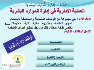 ‫في‬ ‫االدارية‬ ‫العملية‬‫إ‬‫البشرية‬ ‫الموارد‬ ‫دارة‬
‫الستخدام‬ ‫والمتناسقة‬ ‫المتكاملة‬ ‫الوظائف‬ ‫من‬ ‫مجموعة‬ ‫هي‬
‫المتاحة‬ ‫الموارد‬(‫بشرية‬–‫مالية‬–‫فنية‬–‫معلومات‬...).
‫المنظمة‬ ‫اهداف‬ ‫تحقيق‬ ‫أجل‬ ‫من‬ ‫وذلك‬ ‫ممكنة‬ ‫طاقة‬ ‫بأقصى‬.
‫اإل‬ ‫تعريف‬‫دارة‬
‫تشمل‬‫الوظائف‬‫التالية‬:
‫ية‬‫ر‬‫البش‬ ‫ارد‬‫و‬‫امل‬ ‫إدارة‬ ‫وظائف‬
‫التخـــطيـــط‬
‫التنظيـــم‬
‫التوجيه‬(‫التنفيذ‬)
‫األداء‬ ‫وتقييم‬ ‫الرقابة‬
 