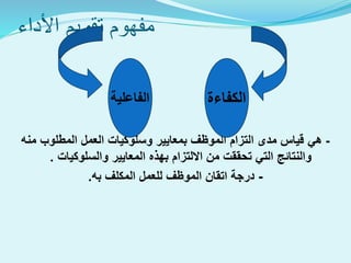 ‫األداء‬ ‫تقويم‬ ‫مفهوم‬
-‫هي‬‫منه‬ ‫المطلوب‬ ‫العمل‬ ‫وسلوكيات‬ ‫بمعايير‬ ‫الموظف‬ ‫التزام‬ ‫مدى‬ ‫قياس‬
‫والسلوكيات‬ ‫المعايير‬ ‫بهذه‬ ‫االلتزام‬ ‫من‬ ‫تحققت‬ ‫التي‬ ‫والنتائج‬.
-‫به‬ ‫المكلف‬ ‫للعمل‬ ‫الموظف‬ ‫اتقان‬ ‫درجة‬.
‫الكفاءة‬‫الفاعلية‬
 