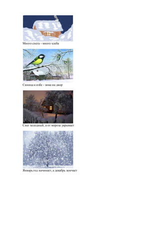 Много снега - много хлеба
Синица к избе - зима на двор
Снег холодный, а от мороза укрывает
Январь год начинает, а декабрь кончает
 