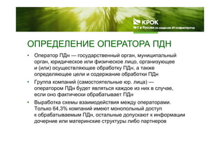 ОПРЕДЕЛЕНИЕ ОПЕРАТОРА ПДНОПРЕДЕЛЕНИЕ ОПЕРАТОРА ПДН
• Оператор ПДн — государственный орган, муниципальный
форган, юридическое или физическое лицо, организующее
и (или) осуществляющее обработку ПДн, а также
определяющее цели и содержание обработки ПДн
• Группа компаний (самостоятельные юр. лица) —
оператором ПДн будет являться каждое из них в случае,
если оно фактически обрабатывает ПДнесли оно фактически обрабатывает ПДн
• Выработка схемы взаимодействия между операторами.
Только 64,3% компаний имеют монопольный доступ
к обрабатываемым ПДн, остальные допускают к информации
дочерние или материнские структуры либо партнеров
 